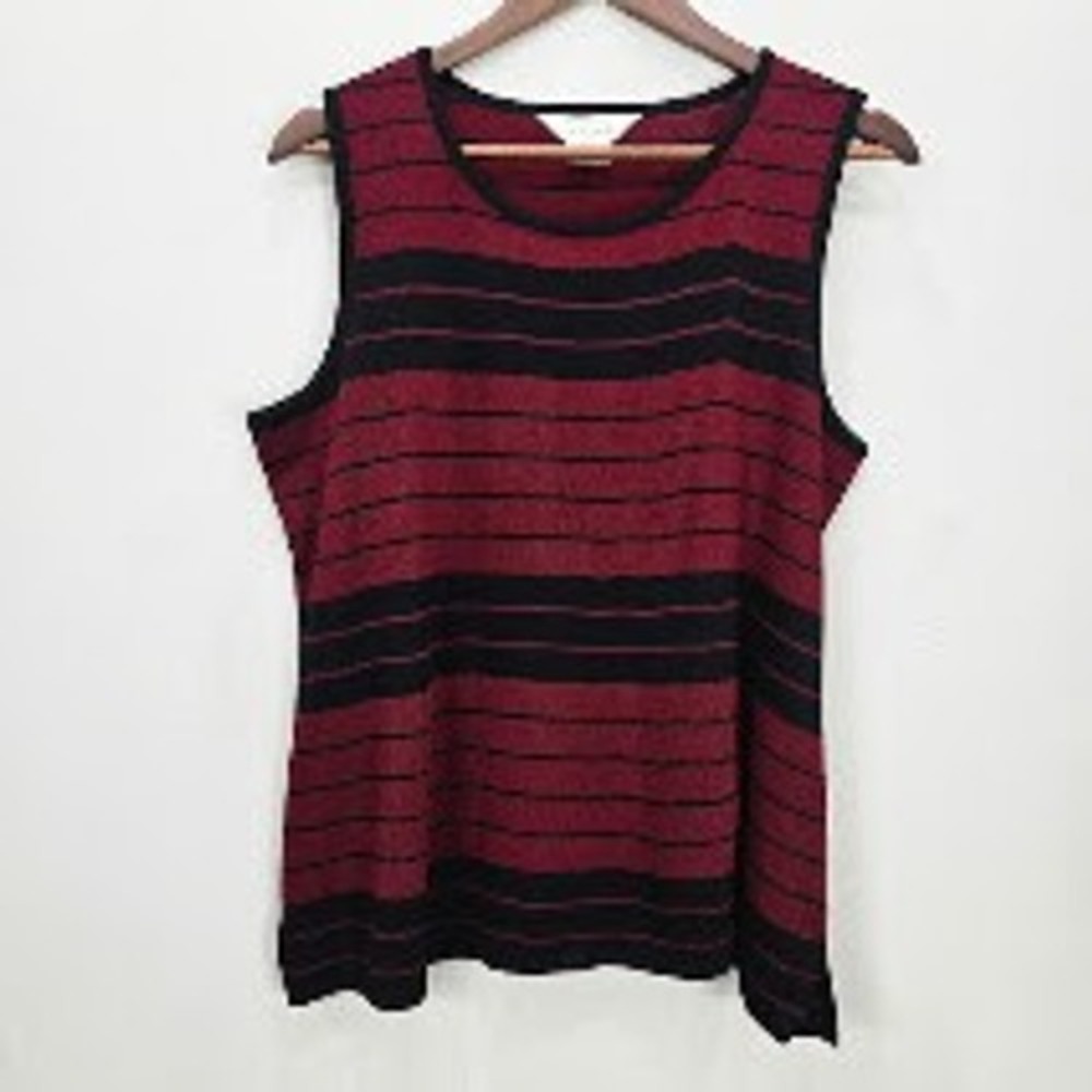 Exclusively Misook Tank Top XL Red Black Striped Knit Sleeveless Career Office